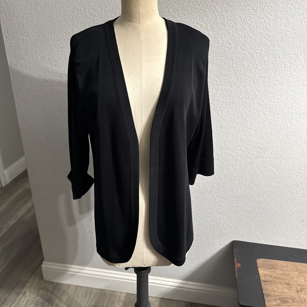 Exclusively Misook Open Cardigan Black Acrylic Knit Cuffed Sleeve Small Petite